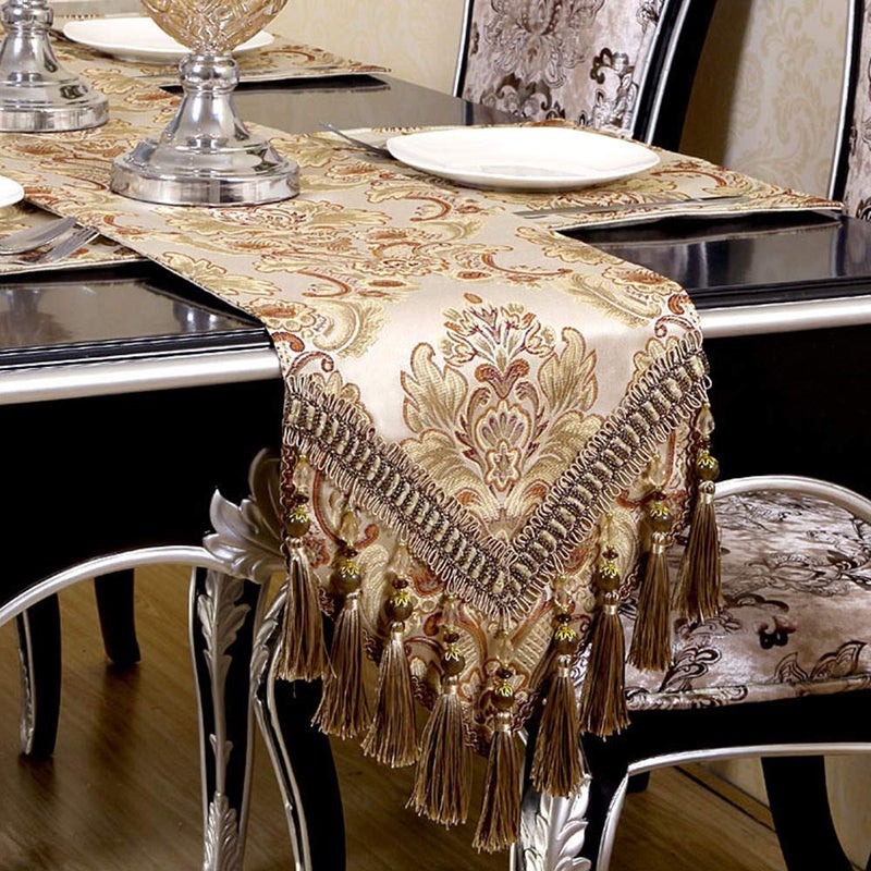 OZXCHIXU European Jacquard Fabric Multi-Tassels Table Runner (14x120 inch, Khaki) - Image 1